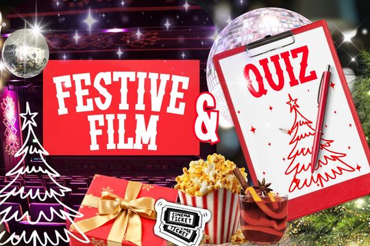 Festive film quiz graphic with red-and-white “Festive Film & Quiz” text, Christmas tree, disco balls, gifts, popcorn, cinema ticket, and drinks.