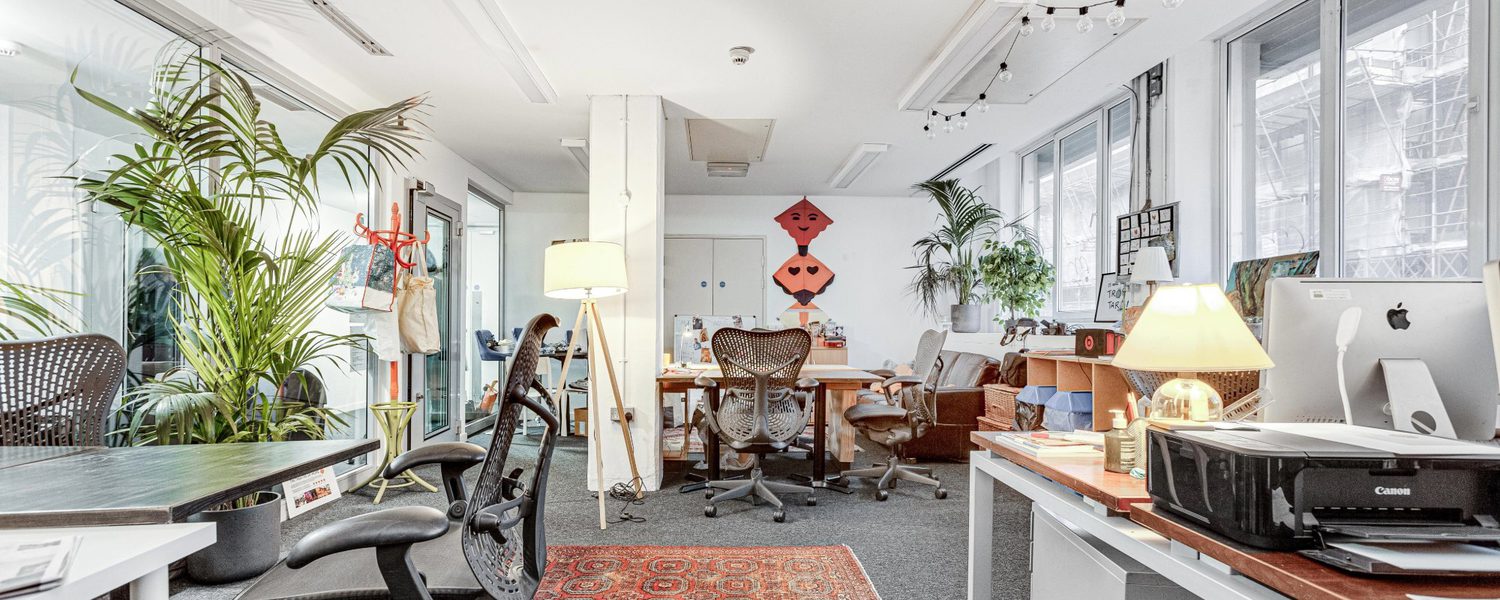 Modern office with desks, chairs, and computers. Green plants and string lights create a warm atmosphere. A red rug adds a touch of color.