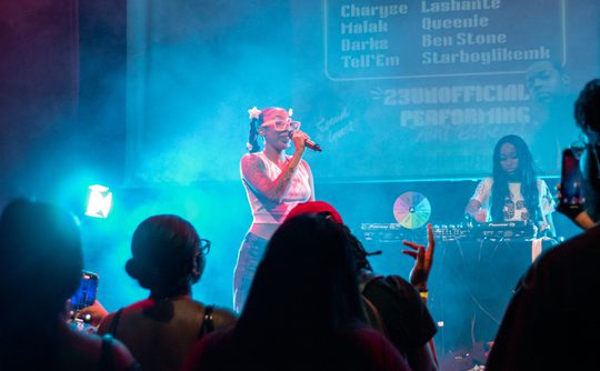 A singer performs confidently on a smoky stage, holding a microphone. A DJ is seen behind them, while a vibrant audience captures the moment.